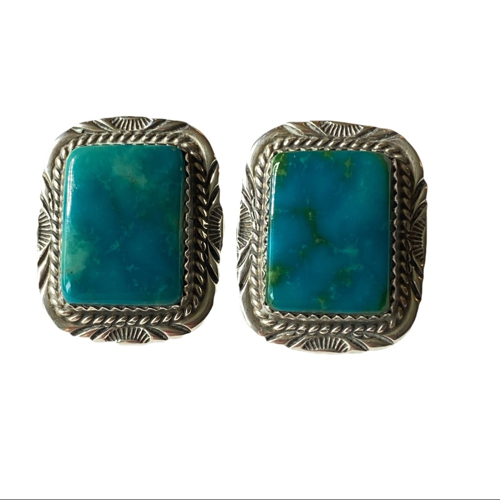 Navajo Sterling Silver Turquoise Will Denetdale Pierced Earrings Post